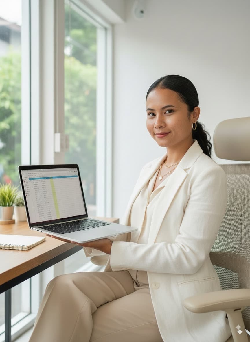 Kru Nariss at her desk with a laptop, ready for an online Thai lesson