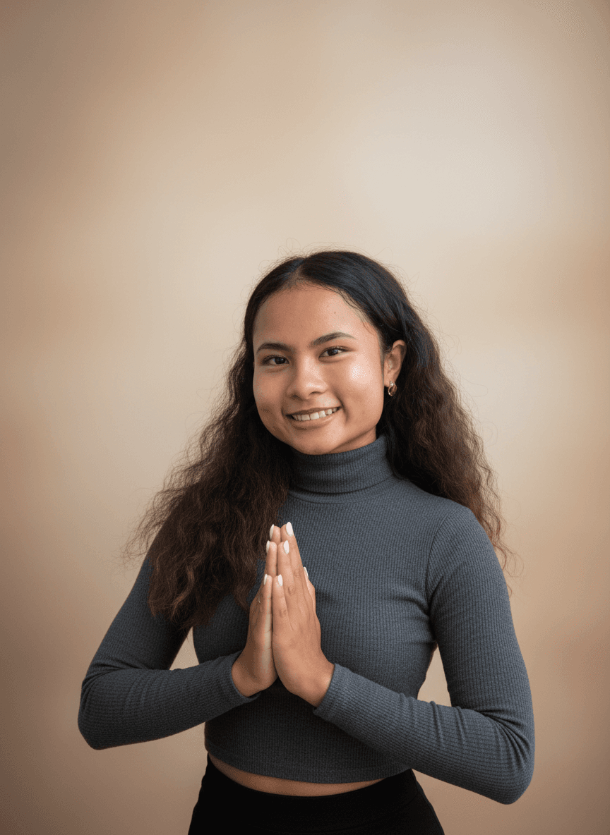 Kru Nariss greeting with a traditional Thai wai at the start of a video call