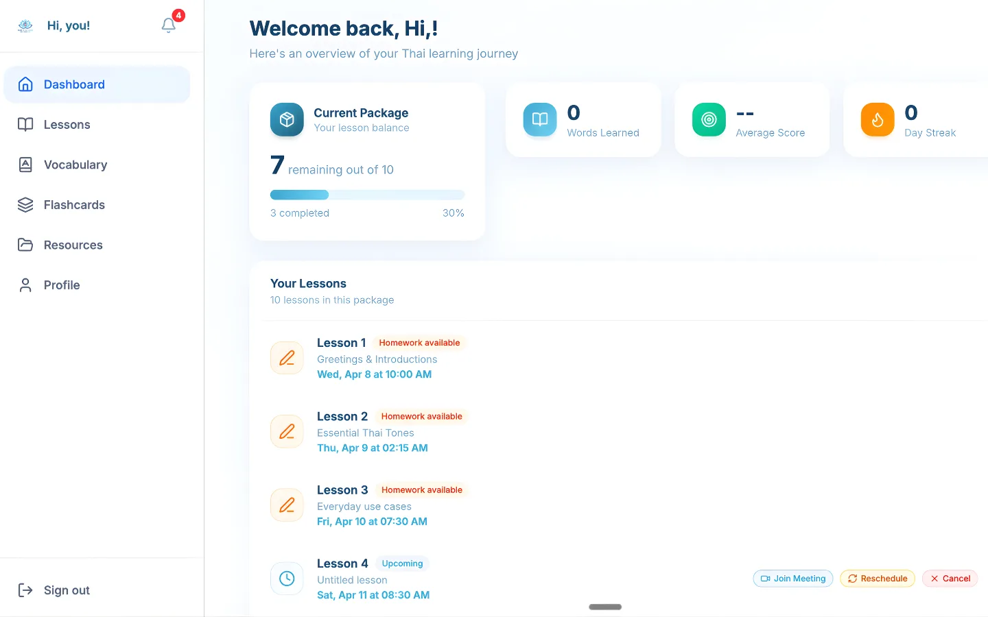 Student dashboard showing lesson progress and upcoming sessions
