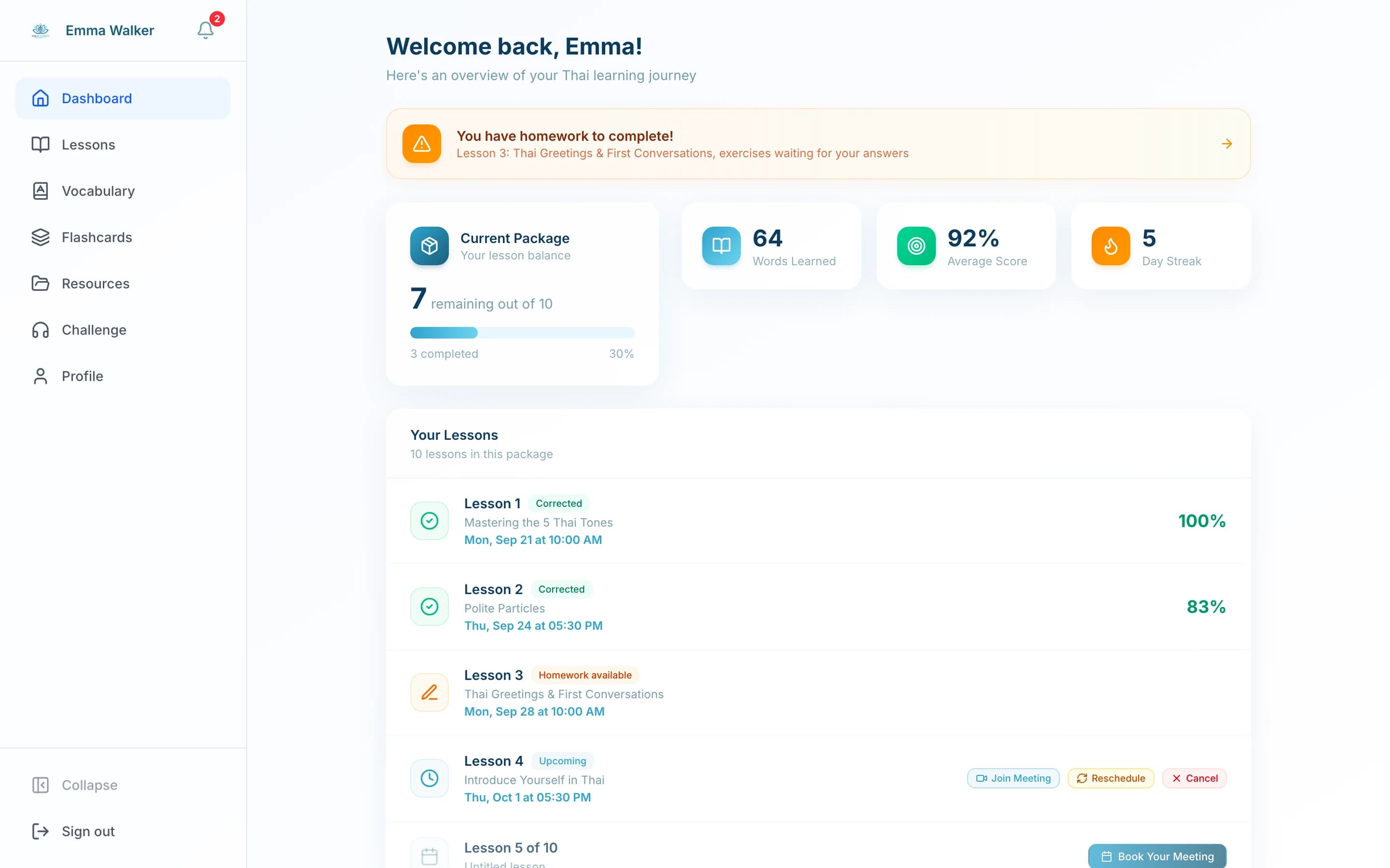Student dashboard showing lesson progress and upcoming sessions