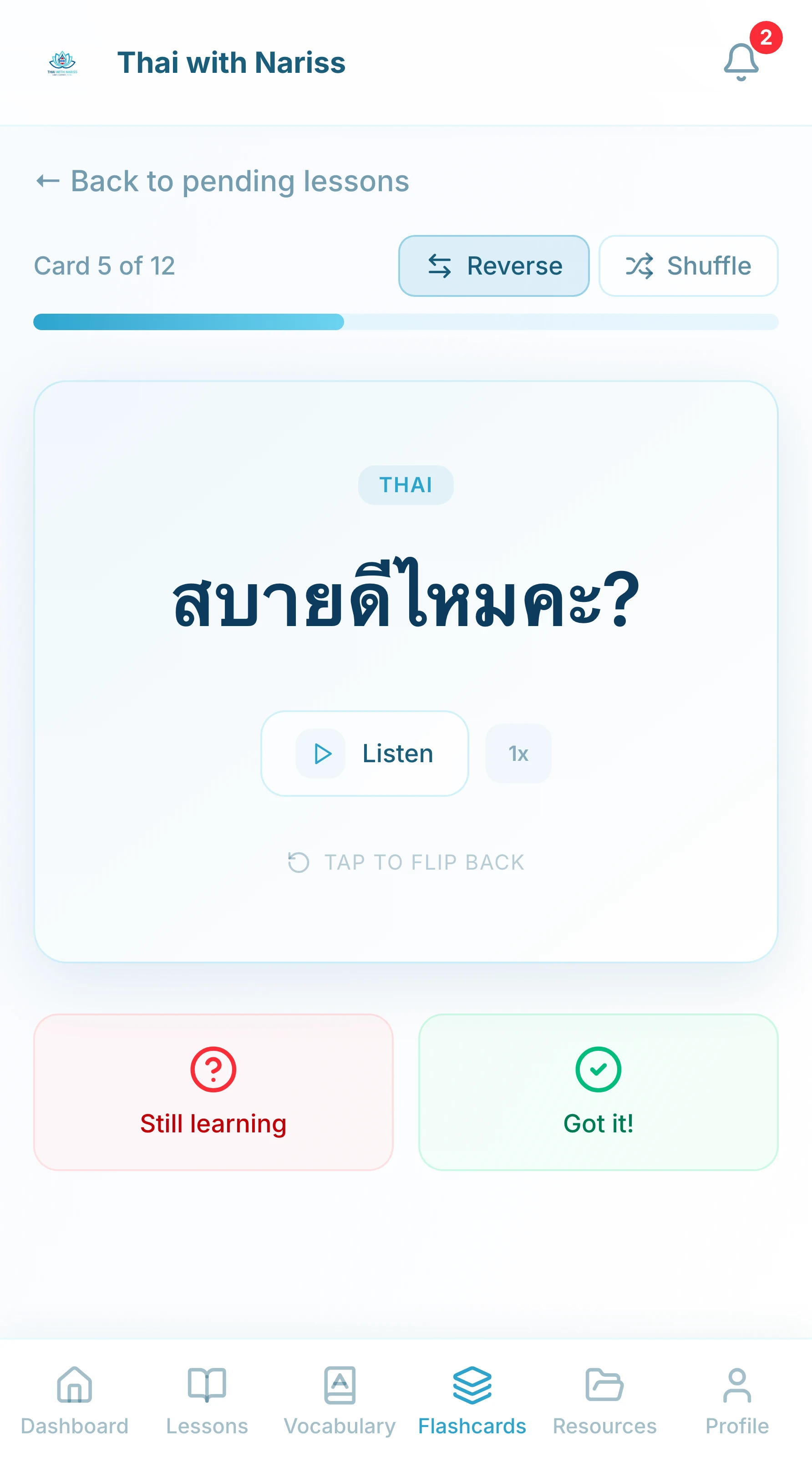 Student dashboard on a phone, reviewing a Thai flashcard with audio