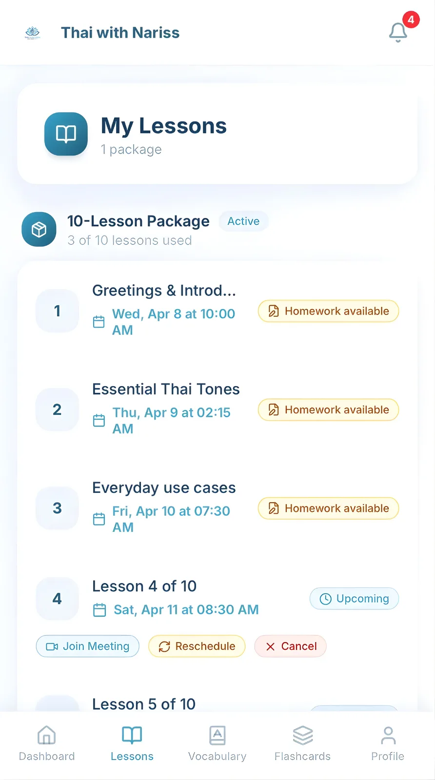 Student dashboard on a phone showing upcoming lessons and homework