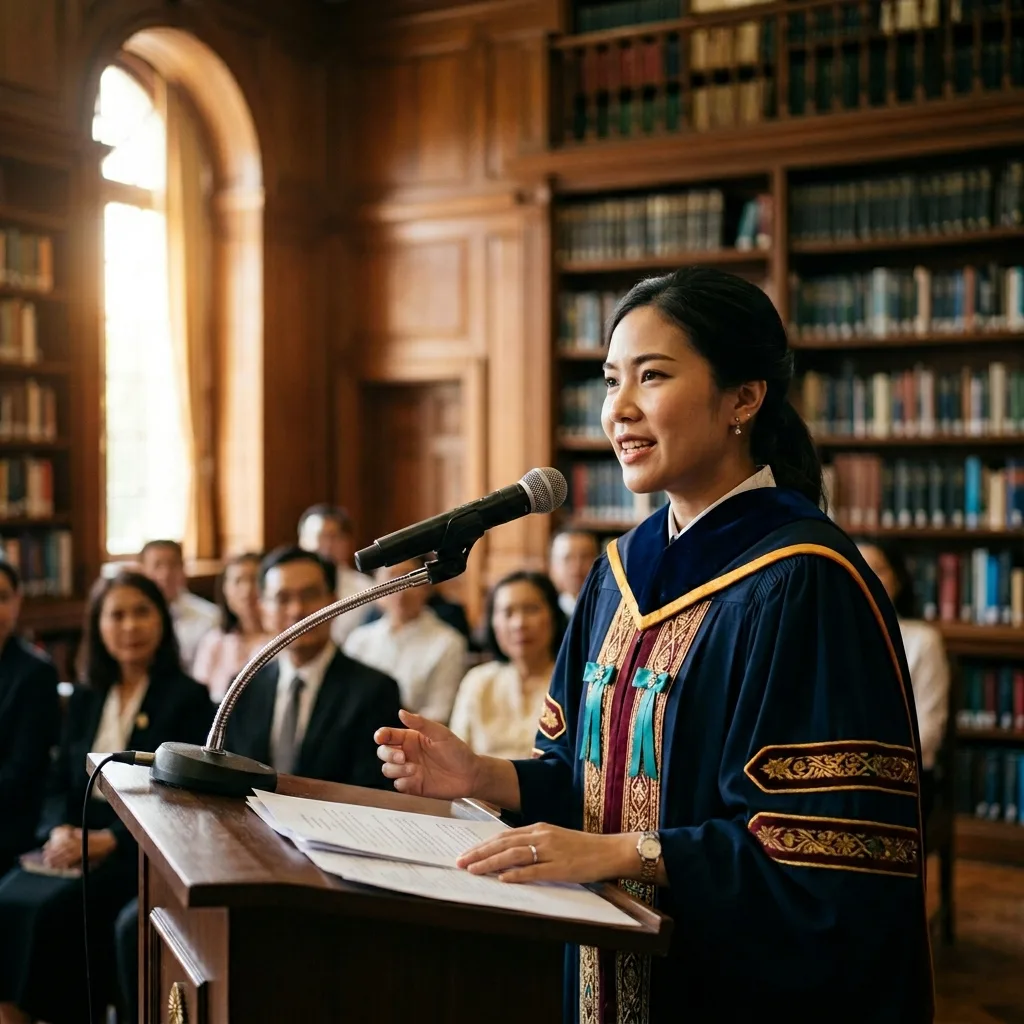Graduate in academic robes speaking at a lectern in a library