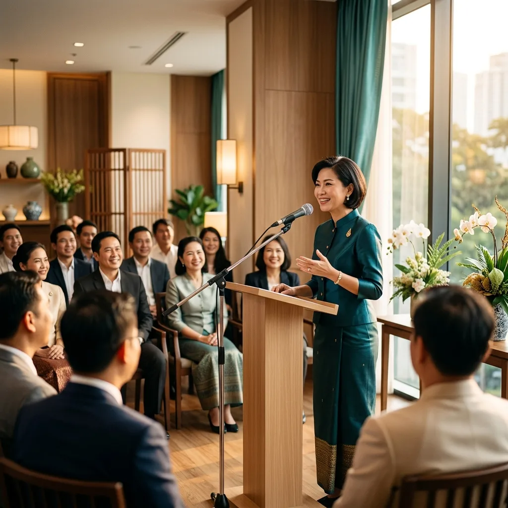 Speaker at a wooden podium addressing a seated business audience