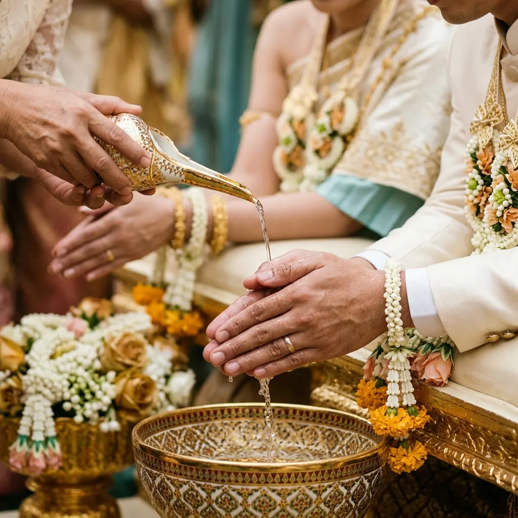 Thai wedding water blessing with jasmine garlands and a golden bowl